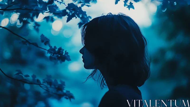 Blue hour silhouette portrait in shallow depth of field forest