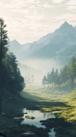 Mountain valley stream under soft morning mist.