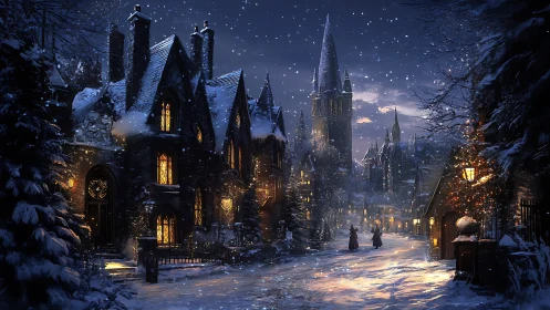 Moonlit winter village glows with storybook enchantment and snow.
