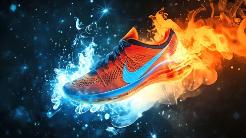 Running shoe amid stylized fire and ice visual effects.