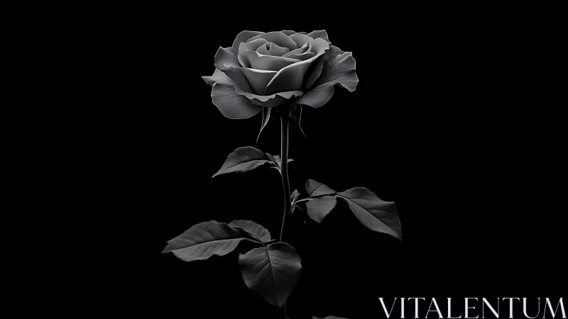 Single grayscale rose stands sharply against black background