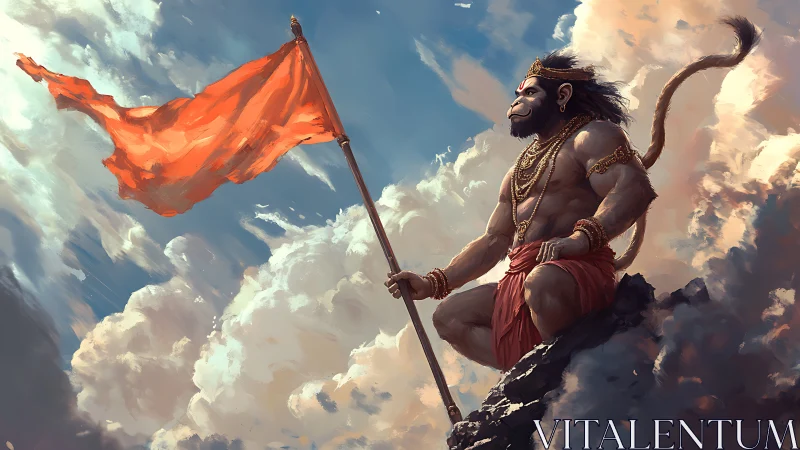 Skyward guardian with saffron flag above painted clouds.