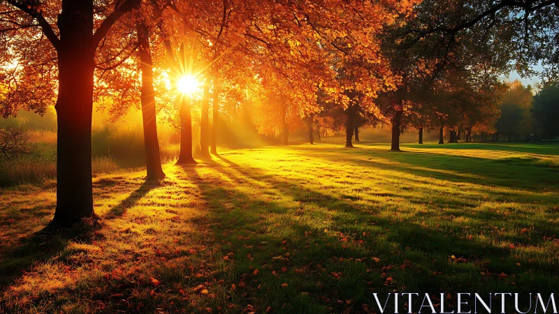 Golden autumn sunrise pours gentle light through quiet trees