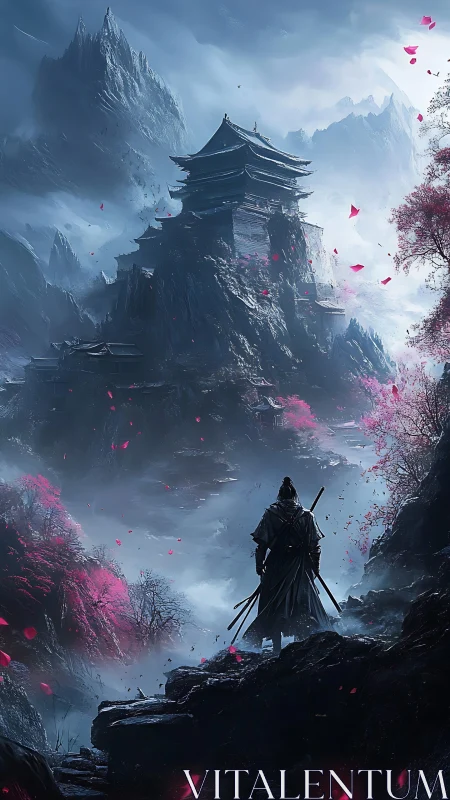 Samurai silhouette before mist-shrouded mountain citadel