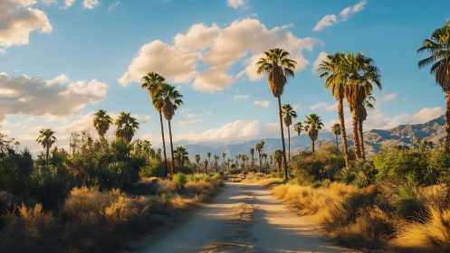 Sunlit desert road leads through palm oasis toward mountains