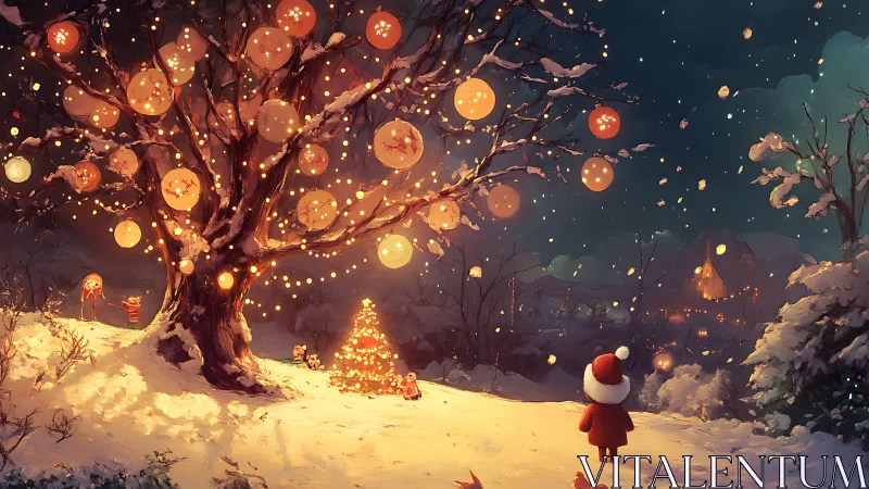 Snow-kissed Christmas tree glows under a lantern-lit sky.
