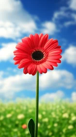 Single red gerbera daisy against blue sky and meadow field.