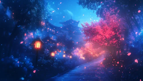 Moonlit shrine path where cherry blossoms quietly glow.
