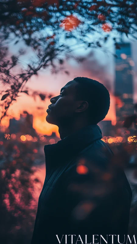 Silhouetted profile studies neon dusk over blurred city lights.