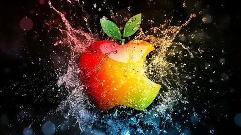 Multicolored bitten apple shape intersects with dynamic water splash