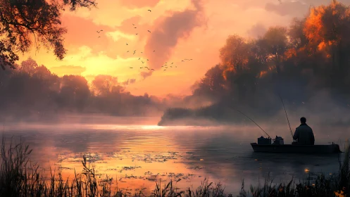 Solitary angler sits in small boat on misty lake at sunrise