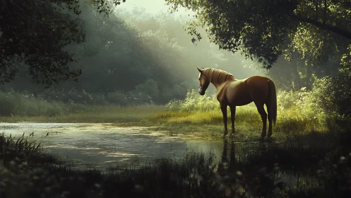 Solitary chestnut horse beside reflective forest water.