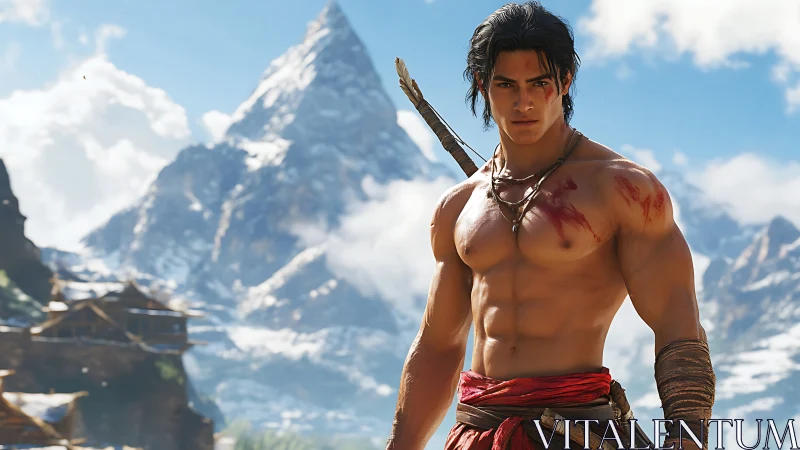 Warrior stands wounded before towering snow peak