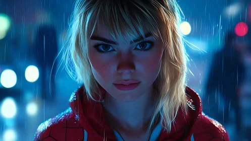 Blonde woman in red jacket under rain at night street.