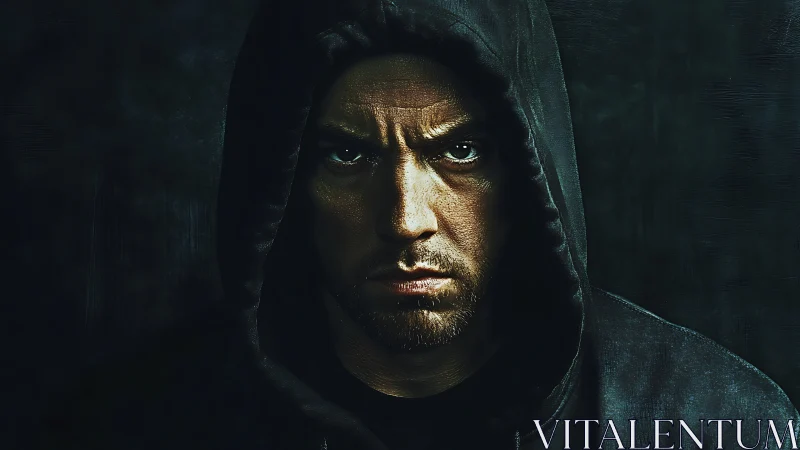 Moody hooded male portrait under low key directional lighting