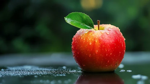 High-contrast macro of dew-covered red apple on wet glass