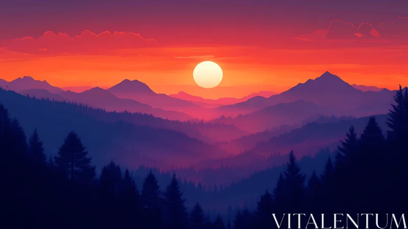 Layered mountain horizon under vivid sunset sky.