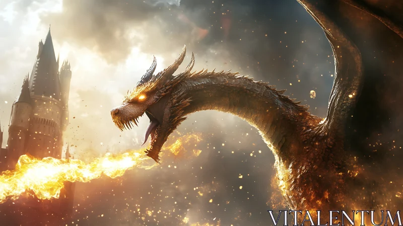 Epic fire-breathing dragon assaulting gothic fortress skyline.