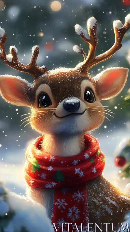 Smiling baby reindeer wears red Christmas scarf in snow
