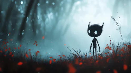 Nocturnal silhouette entity in fog-saturated spectral forest.