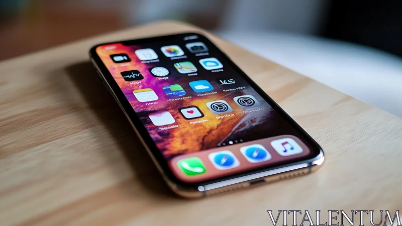 iPhone on Wooden Surface with Vibrant Apps Display.