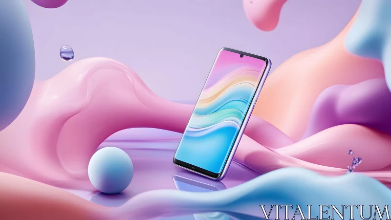 Sleek smartphone in abstract pastel environment, digital art style.