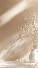 Neutral still life of white vases with dried grass stems.