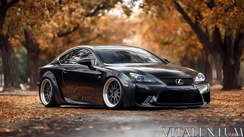 Black Lexus coupe on tree-lined autumn street in park setting.