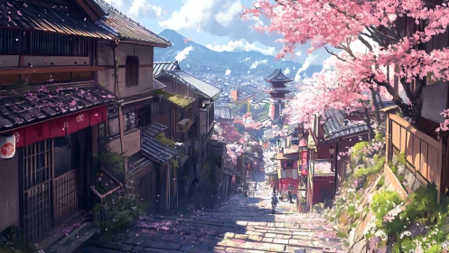 Cherry blossom street overlooks distant pagoda and mountains.