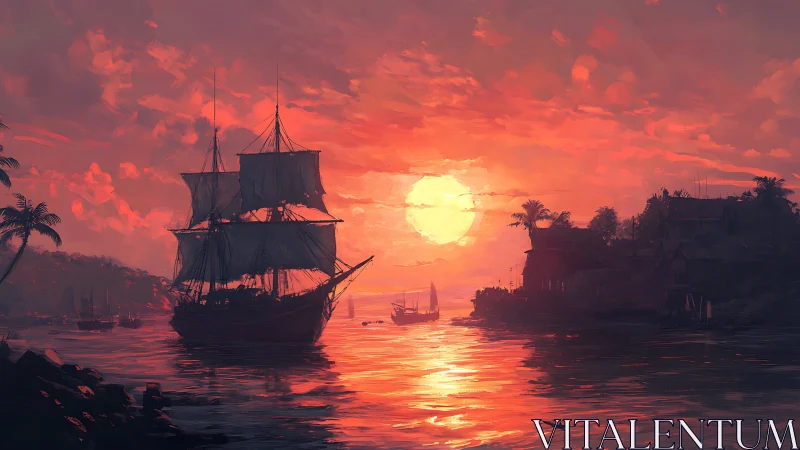 Crimson harbor sunset crowns a lone tall ship in flame-kissed seas.