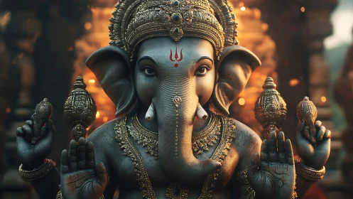 Photorealistic Ganesha deity idol with ornate brass adornment