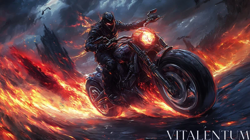 Armored motorcyclist riding through flame-filled landscape.