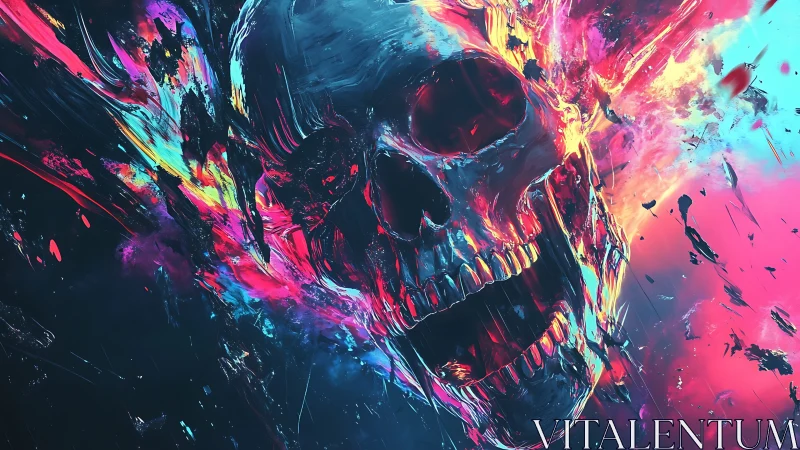 Digitally rendered skull dissolves into chromatic particle field