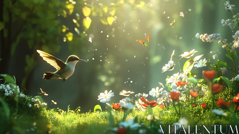 Hummingbird in Sunlit Garden with Wildflowers, Lush Nature Scene.