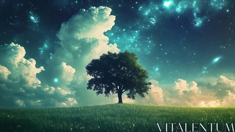 Solitary tree stands on grassy hill beneath luminous night sky