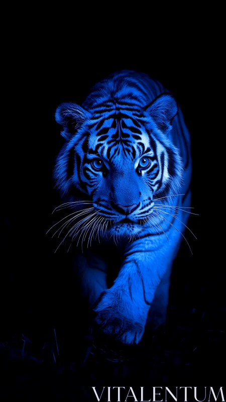 Blue-lit tiger strides forward through dramatic darkness.