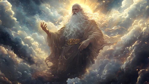 Celestial elder deity emerging from radiant storm clouds.
