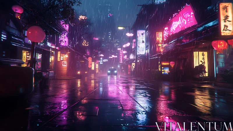 Neon rain paints a silent cyberpunk street in liquid light