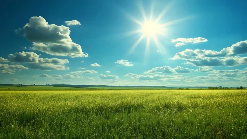 Photorealistic sunlit meadow with expansive clouded sky panorama.