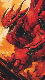 Scarlet war-dragon mecha surges through molten skystorm.