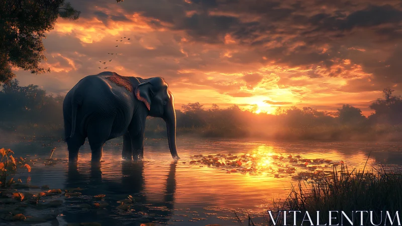 Elephant in volumetric sunset wetland with reflective caustics.