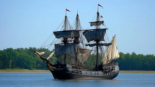 Windworn galleon glides past green shores under bright sky.