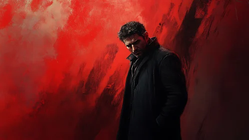 Brooding wanderer wrapped in stormy red silence.