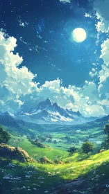 Digital painting landscape with moonlit alpine valley perspective.
