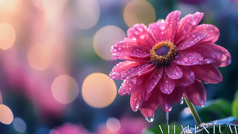 Magenta Dahlia with Dew Drops in Soft Focus Background