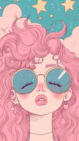 Pastel line-art portrait with reflective lenses and stylized curls