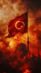 Turkish flag over mosque silhouette amid dense orange smoke.