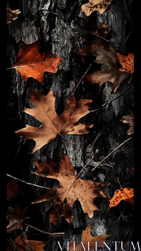 Autumn oak leaves rest on dark, weathered tree bark background.
