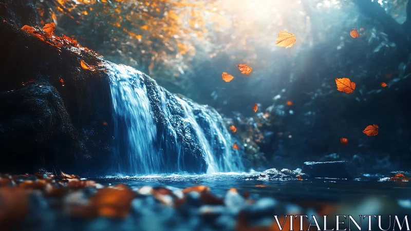 Glowing forest waterfall sparkles beneath drifting autumn leaves