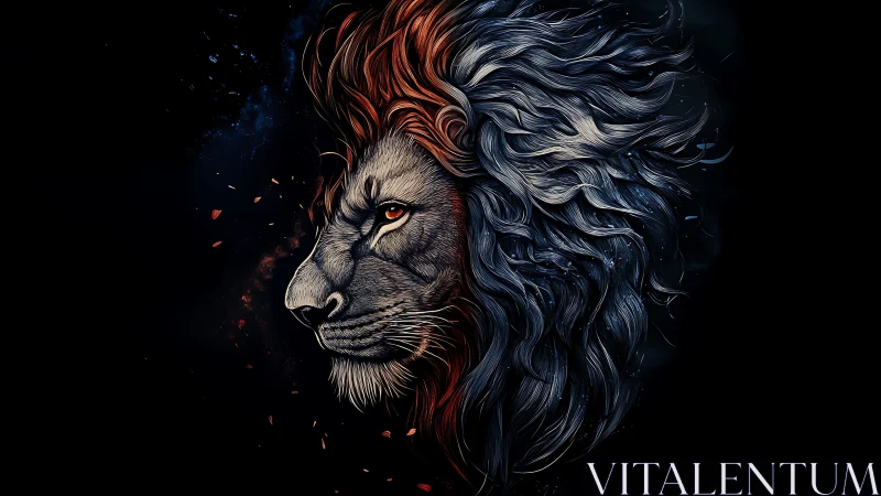 Ember-maned cosmic lion ignites the dark celestial silence.
